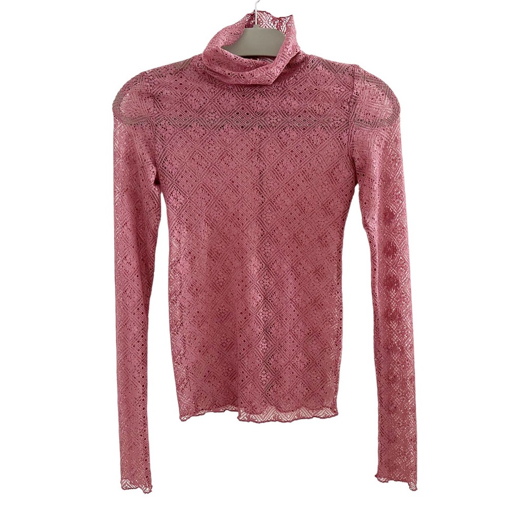Intimately Free People Blush Mauve Pink Turtleneck Lace Sheer Long Sleeve Top XS
